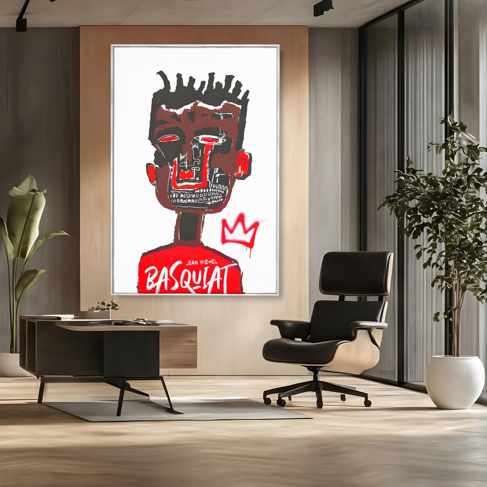 Tablou canvas cu tablou canvas cu portret abstract stil basquiat, in rama de aluminiu argintiu, pe perete intr-un birou